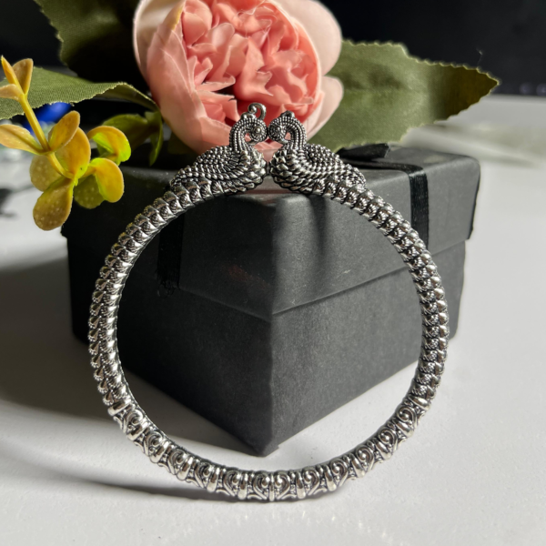 Silver Oxidized Peacock Nepali Kada - Image 3