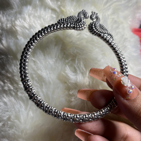 Silver Oxidized Peacock Nepali Kada - Image 2